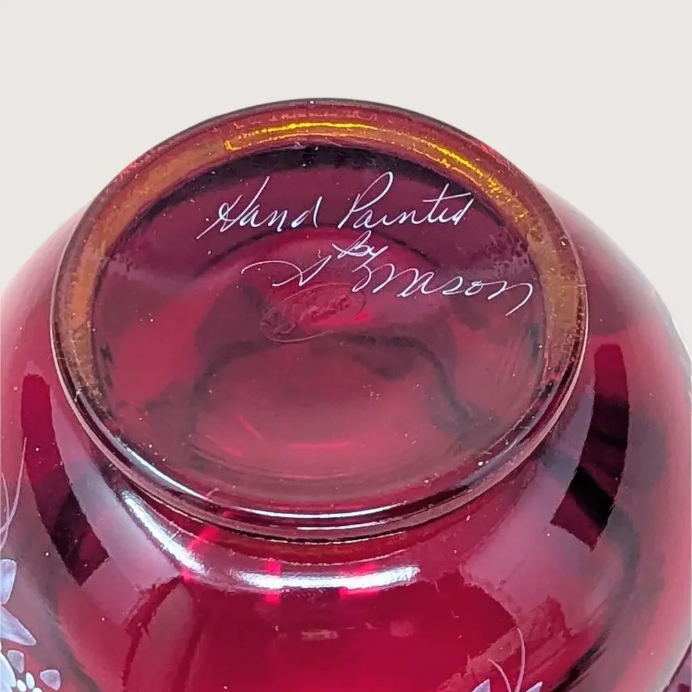 1980s Fenton Ruby Red Glass Hand Painted Ruffled Vase